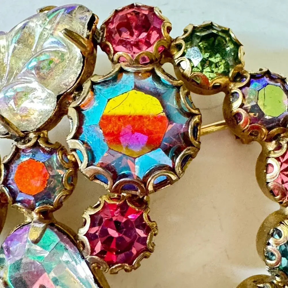 Rudolph Weiss Fruit Salad Glass Leaves AB Rhinestone Gold Wreath Pin Brooch
